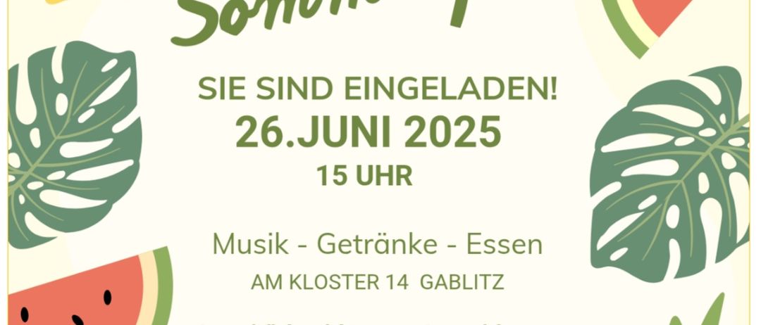 Einladung zum Sommerfest im Kloster 14, Gablitz am 26. Juni 2025. Das Plakat zeigt Früchte und ein tropisches Thema, lädt Gäste zu Musik, Getränken und Essen ein. Anmeldung erforderlich.