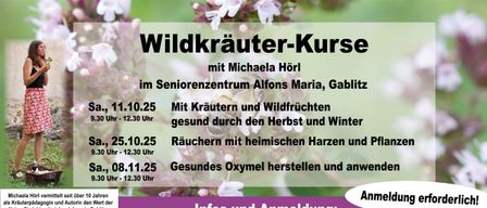 Werbeposter für einen Wildkräuterkurs mit Michaela Hörl im Seniorenzentrum Alfons Maria, Gablitz. Termine: 11.10, 25.10, 08.11. Kontakt: Michaela Hörl - www.mitchis-kunstwerk.de.