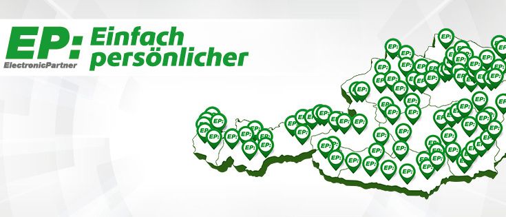 Eine Karte mit grünen Pins an verschiedenen Orten, die mit EP gekennzeichnet sind und ein Netzwerk von elektronischen Partnern in einer Region darstellen.