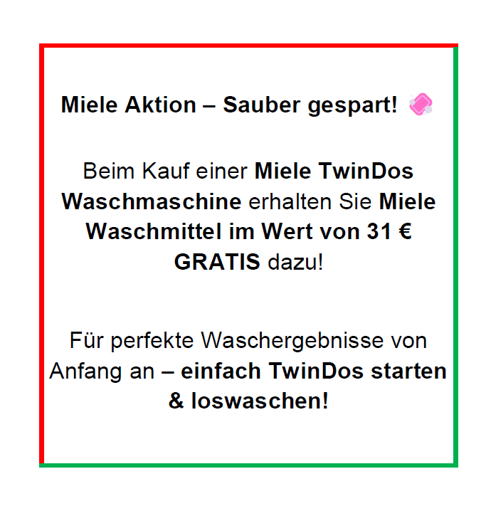 Werbebild für Miele TwinDos Waschmaschine. Es bietet kostenlose Miele-Waschmittel im Wert von 31 Euro beim Kauf. Ein rosafarbenes Symbol befindet sich in der oberen rechten Ecke.