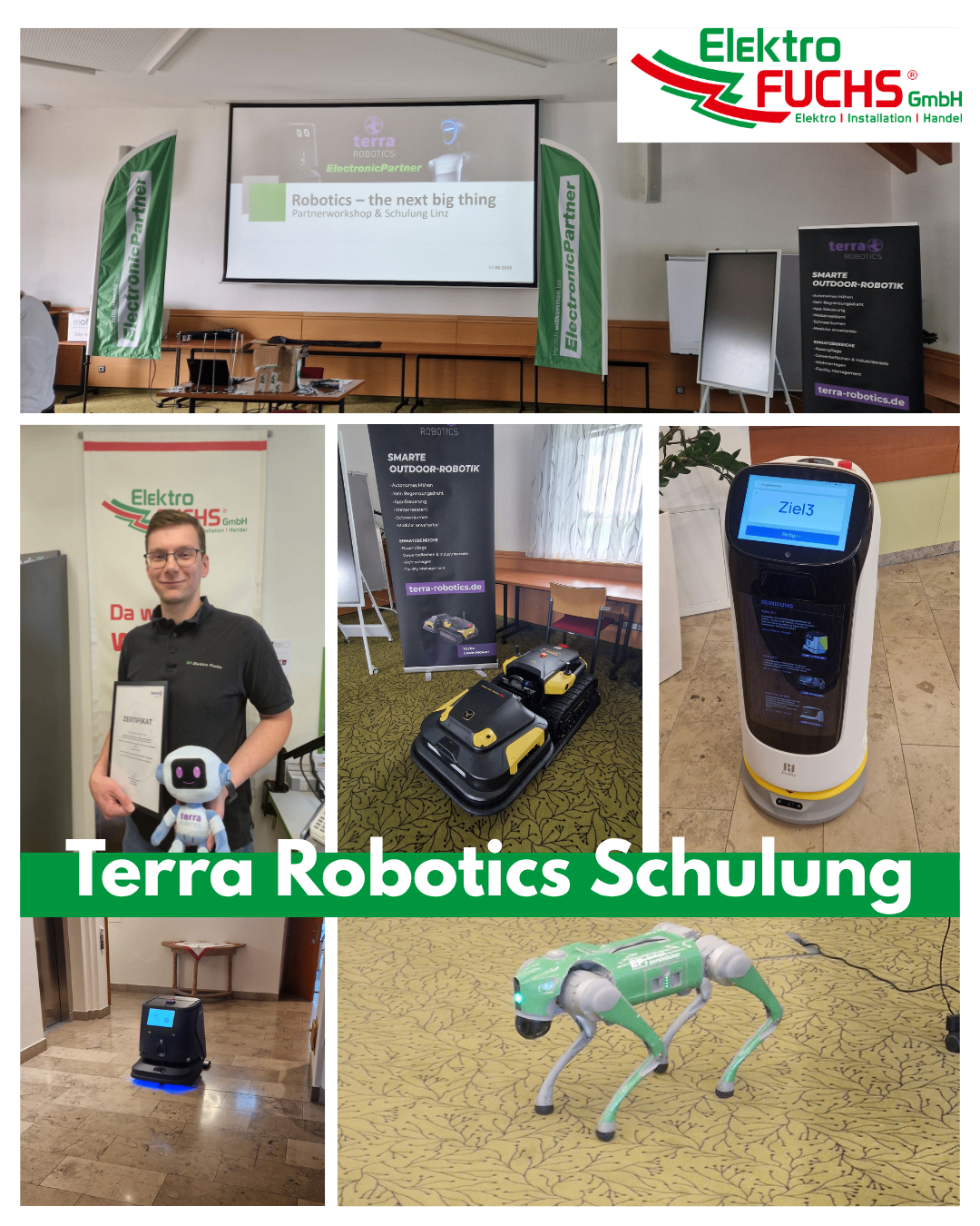 Photos of robots and a man receiving an award. Terra Robotics branding is displayed prominently.