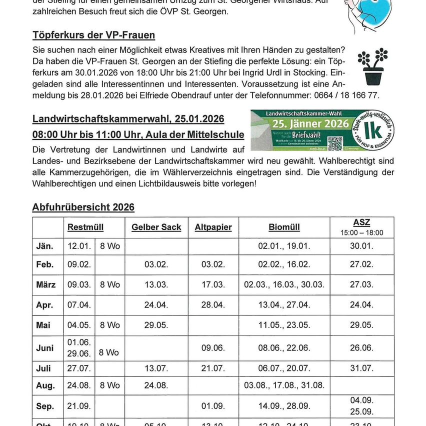 On January 30, 2026, from 6 p.m. to 9 p.m., St. Georgen's VP women are hosting a pottery workshop at Ingrid UrdI in Stocking. Everyone is welcome. Registration is required by January 28, 2026, at 0664/1816677.