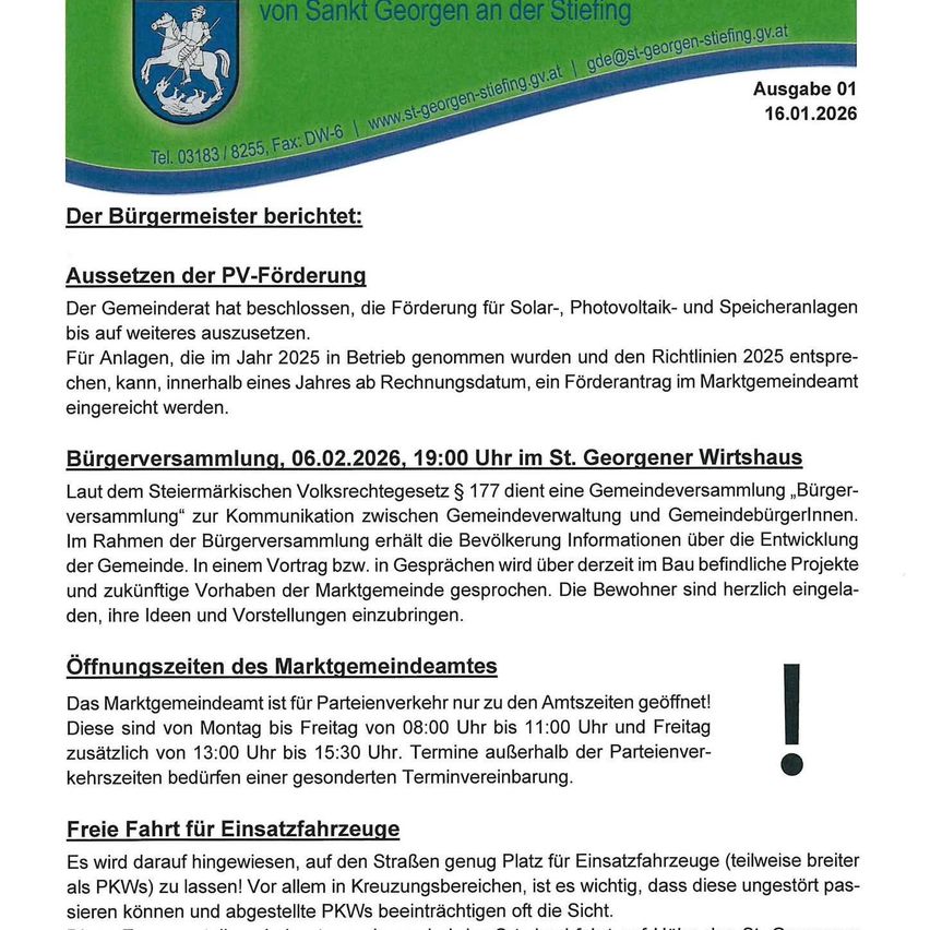 Official notice from the Mayor of Sankt Georgen an der Stiefing. The municipality has decided to suspend funding for solar, photovoltaic, and battery storage until further notice. Applications from installations operating in 2025, following the 2025 guidelines, can submit funding requests within a year of the billing date. Community meeting on 06/02/2026 at 19:00 in St. Georger Wirtshaus. Market office opening hours.