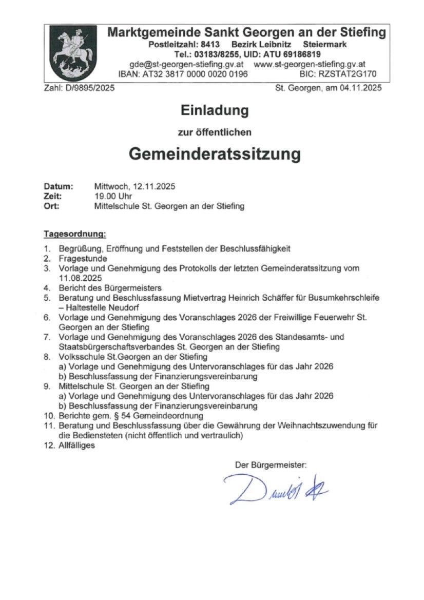 Einladung zur öffentlichen Gemeinderatssitzung. Datum: Mittwoch, 12.11.2025. Zeit: 19:00 Uhr. Ort: Mittelschule St. Georgen an der Stiebing. Tagesordnung umfasst die Genehmigung der Beschlussfähigkeit, Tagesordnungspunkte und Berichte verschiedener Ausschüsse.