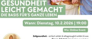 Ein Bild zeigt eine lächelnde Familie mit einer Frau, die ein Event über Zellgesundheit präsentiert. Der Text lautet 'Gesundheit leicht gemacht' mit Datum und Uhrzeit für ein Online-Event. Eine Frau ist abgebildet, und der Text erklärt die Vorteile von Omega-3-Fettsäuren für alle Altersgruppen.