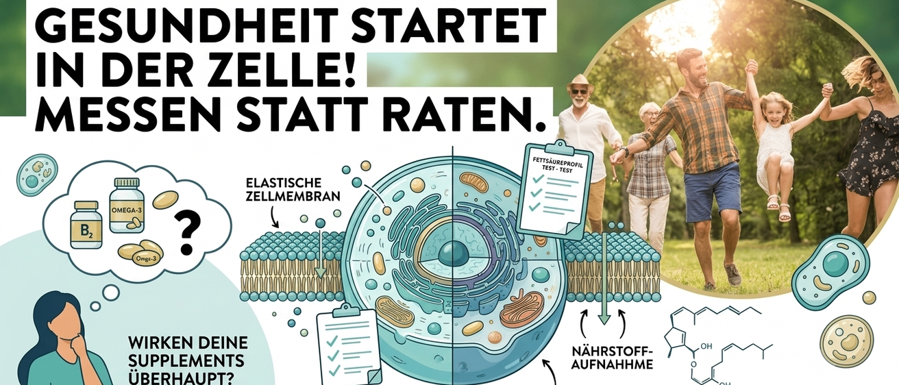Infografik mit einer Gruppe von Menschen im Freien mit Fokus auf Gesundheit und Ernährung, einschließlich eines Zelldiagramms und Text über Fettsäureprofil und Omega-3-Index.