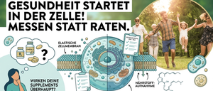 Infografik mit einer Gruppe von Menschen im Freien mit Fokus auf Gesundheit und Ernährung, einschließlich eines Zelldiagramms und Text über Fettsäureprofil und Omega-3-Index.