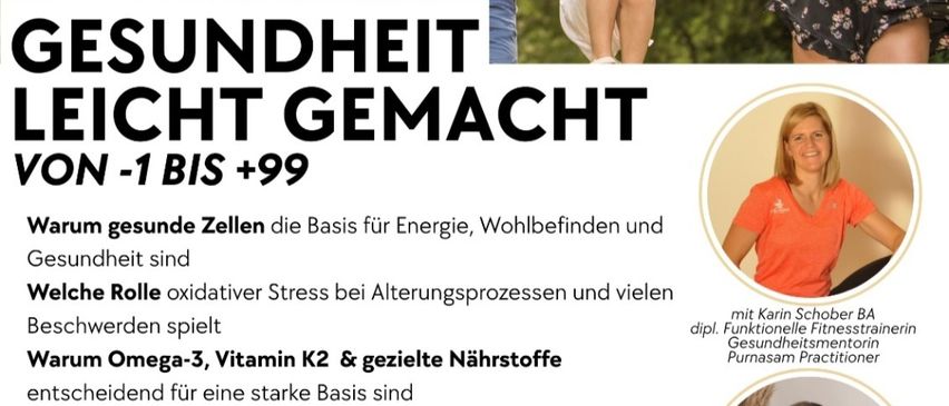 An advertisement for a health event features a family of four, two adults and two children, smiling and holding hands. The text emphasizes the importance of healthy cells for energy, well-being, and health. It highlights the role of oxidative stress in aging and various ailments and the significance of Omega-3, Vitamin K2, and targeted nutrients. The event promises to provide the right foundations for the greatest difference, supporting holistic and sustainable health to prevent symptoms.