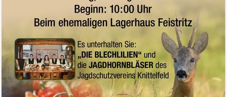 Plakat für eine Jagdveranstaltung in Feistritz, Österreich, mit einem Hirsch und einer Gruppe von Menschen, die an einem Tisch sitzen. Die Veranstaltung wird von der Jagdgesellschaft Feistritz ausgerichtet und findet am 22. August 2026 um 10:00 Uhr statt.