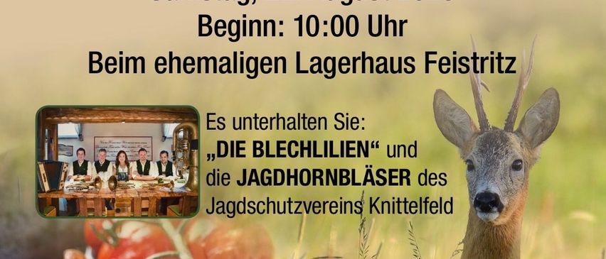 Poster for a hunting event on August 22, 2026, featuring a deer and a group of people around a table. The event is hosted by the Jagdgesellschaft Feistritz.