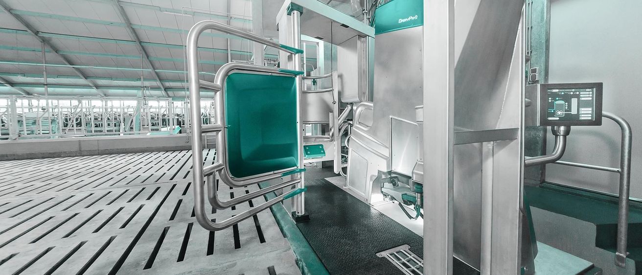 Ein Edelstahl-Melkstand mit einem grünen Stuhl und einem Metallgriff. Der Bereich ist gut beleuchtet mit einer hellen Decke.