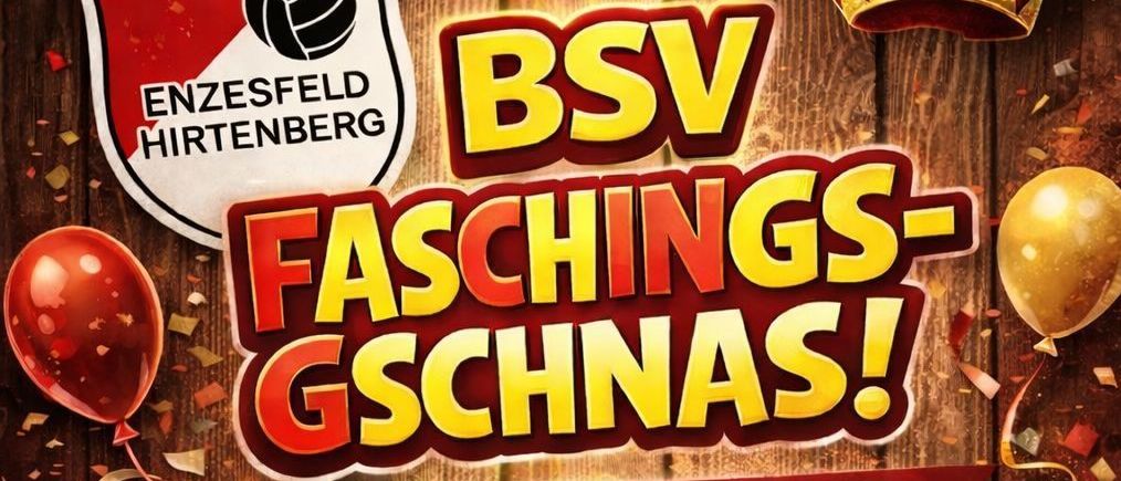 Plakat für das Faschings-Gschnas-Event am 14. Februar, Beginn um 17:00 Uhr auf dem Sportplatz in Hirtenberg. Kostenloser Jägermeister für Kostümierte und Happy Hour von 21-22 Uhr mit allen Longdrinks für 2,30 Euro.