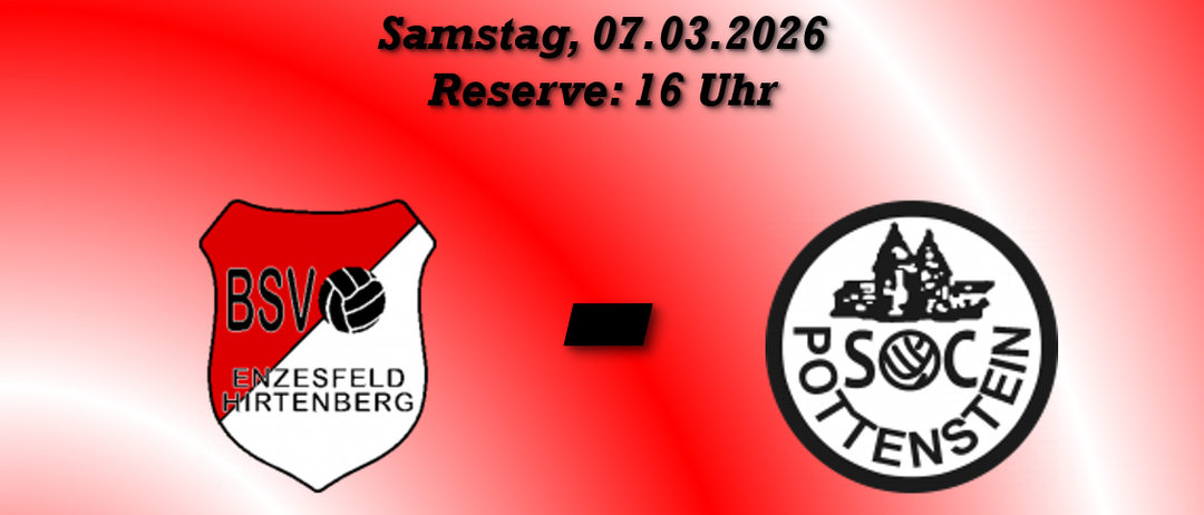 Plakat für eine Sportveranstaltung. Es zeigt zwei Teamlogos, eines mit der Aufschrift 'BSV' und das andere 'Pottenstien'. Der Termin ist Samstag, 07.03.2026, um 16 Uhr. Der Ort ist Kunstrasen Traiskirchen Hochmühlestraße 30, 2514 Traiskirchen.