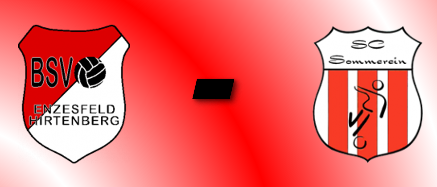 Das Bild ist ein Plakat für eine Sportveranstaltung, das zwei Teamlogos, das Datum und den Veranstaltungsort zeigt. Die Veranstaltung ist die 18. Runde der Bezirksliga Süd/Südost am 18.04.2026. Die Teams sind BSV Enzersdorf/Hirtenberg und SC Sommerein. Der Veranstaltungsort ist Sportanlage Hirtenberg in der Anton-Keller-Gasse 5, 2552 Hirtenberg.