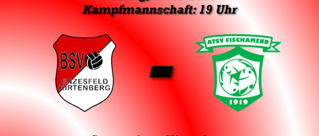 A red poster announces a test match between BSV Enzesfeld Hirtenberg and ATSV Fischamend on July 24, 2026, at 19:00. The location is Sportanlage Hirtenberg, Anton-Keller-Gasse 5, 2552 Hirtenberg.