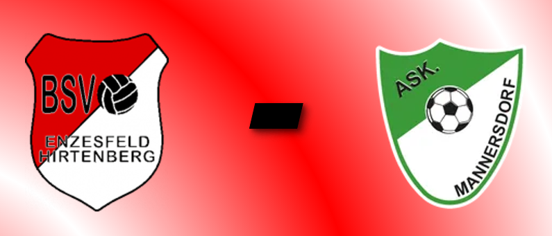 Plakat für ein Fußballspiel zwischen BSV Enzfeld Hirtenberg und ASK Mannersdorf am 5. September 2026 in der Sportanlage Hirtenberg.