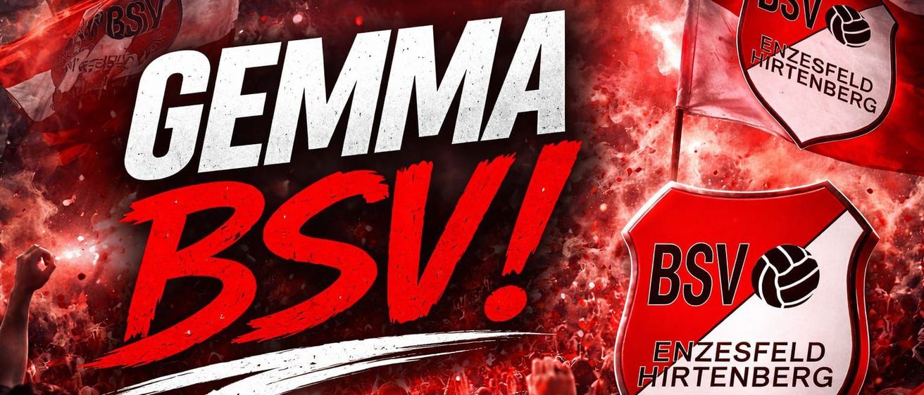 Eine Werbung mit den Worten 'GEMMA BSV!' in fett weissen Buchstaben auf rotem Hintergrund. Im Vordergrund ist eine Menschenmenge, die die Hände hebt.