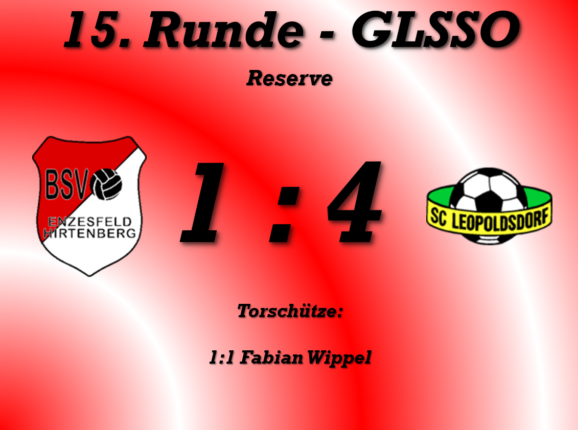 Das Bild zeigt das Ergebnis der 15. Runde von GLSSC Reserve mit einem Ergebnis von 1 zu 4. Zesfeld ist links und SC Leopold rechts. Der Torwart ist Fabian Wippel.