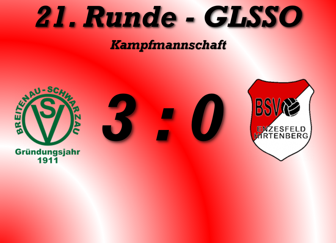 The image displays a sports match score, 3 to 0, from the 21st round of GLSSC Kampfmannschaft. The logo of BSV Enzsf Hirtenb is shown.