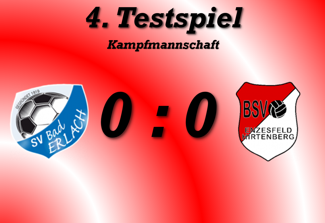 Ein roter Plakat zeigt ein Fußballspiel zwischen zwei Teams mit einem Ergebnis von 0:0. Es ist als das 4. Testspiel gekennzeichnet.