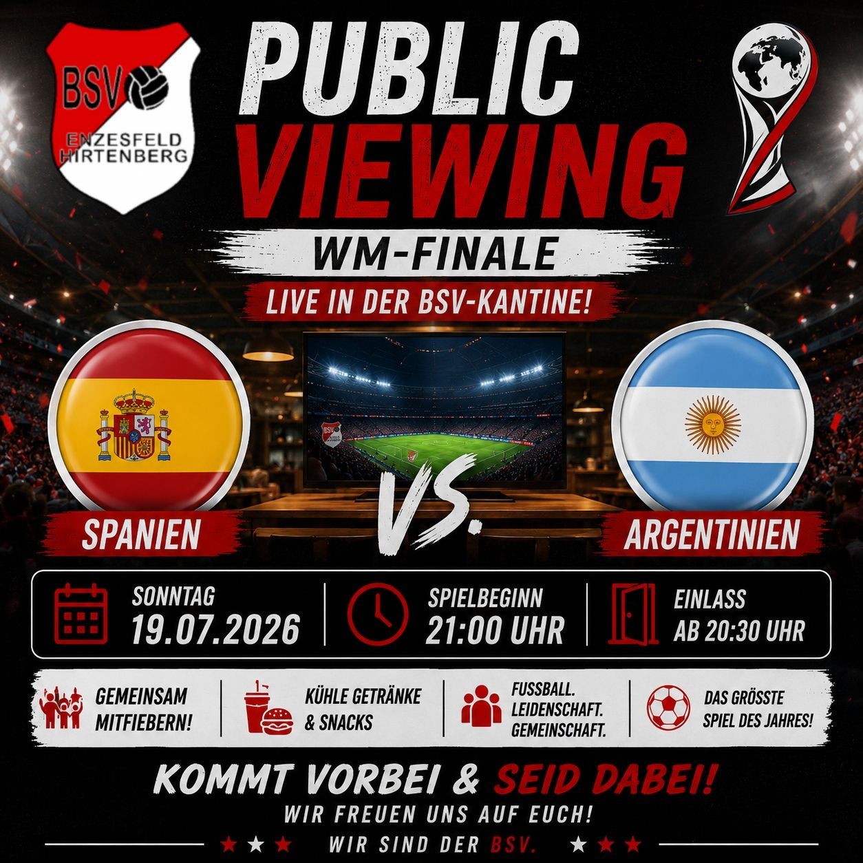 Plakat für die öffentliche Vorführung des WM-Finales zwischen Spanien und Argentinien am 19.07.2026 um 21:00 Uhr, Einlass ab 20:30 Uhr.