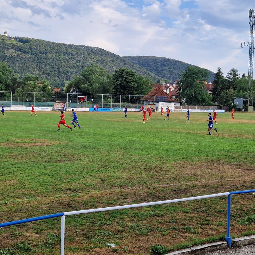 Ein Fußballspiel findet auf einem Rasenfeld statt, auf dem Spieler in roten und blauen Uniformen spielen. Das Feld ist von einem Zaun umgeben, und in der Ferne gibt es Bäume und einen Berg.