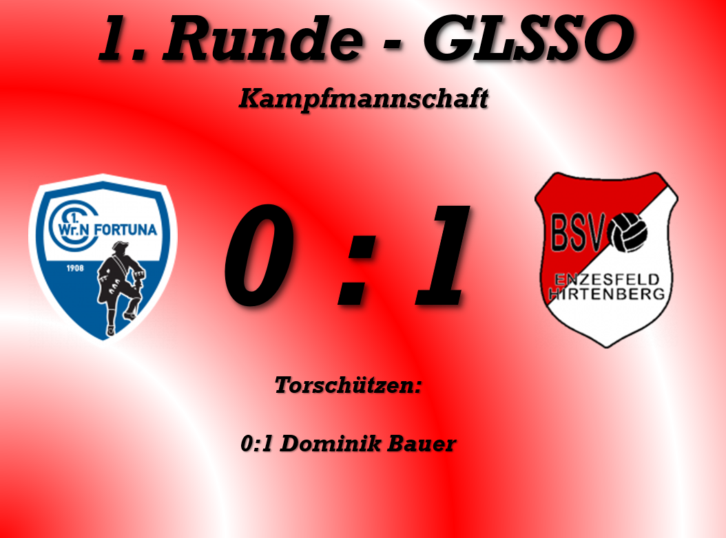 A red poster displays a soccer match result between Fortuna and BSV. The score is 0:1, with Dominik Bauer as the goal scorer. The teams' logos are shown on either side of the score.