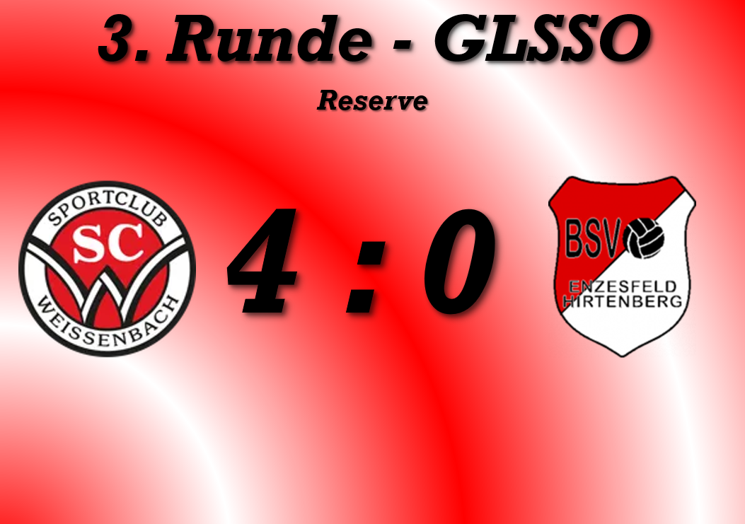 Ergebnis eines Fußballspiels aus der 3. Runde der GLSO Reserve-Liga. Das Ergebnis steht bei 4 zu 0, wobei das Logo des Siegerteams ein 'C' und das Logo des Verliererteams 'BSV' zeigt.