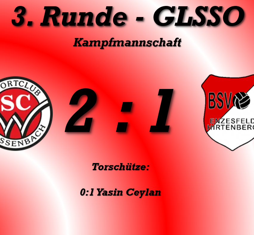 Ein rotes Plakat mit einem Sportteam-Logo auf der linken Seite und einem Teamnamen auf der rechten Seite. Das Ergebnis ist 2:1. Der Name des Spielers ist Yasin Ceylan.