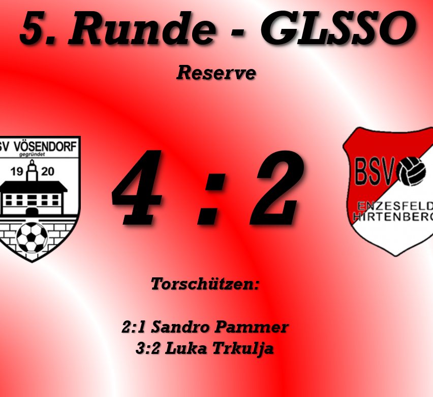 Soccer match result poster for the 5th round of GLSSO Reserve. The score is 4:2. The team logo is on the left, and the opposing team's logo is on the right.
