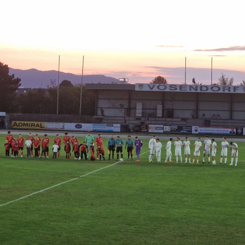 A soccer team stands in formation on a field, with a stadium and mountains in the background.