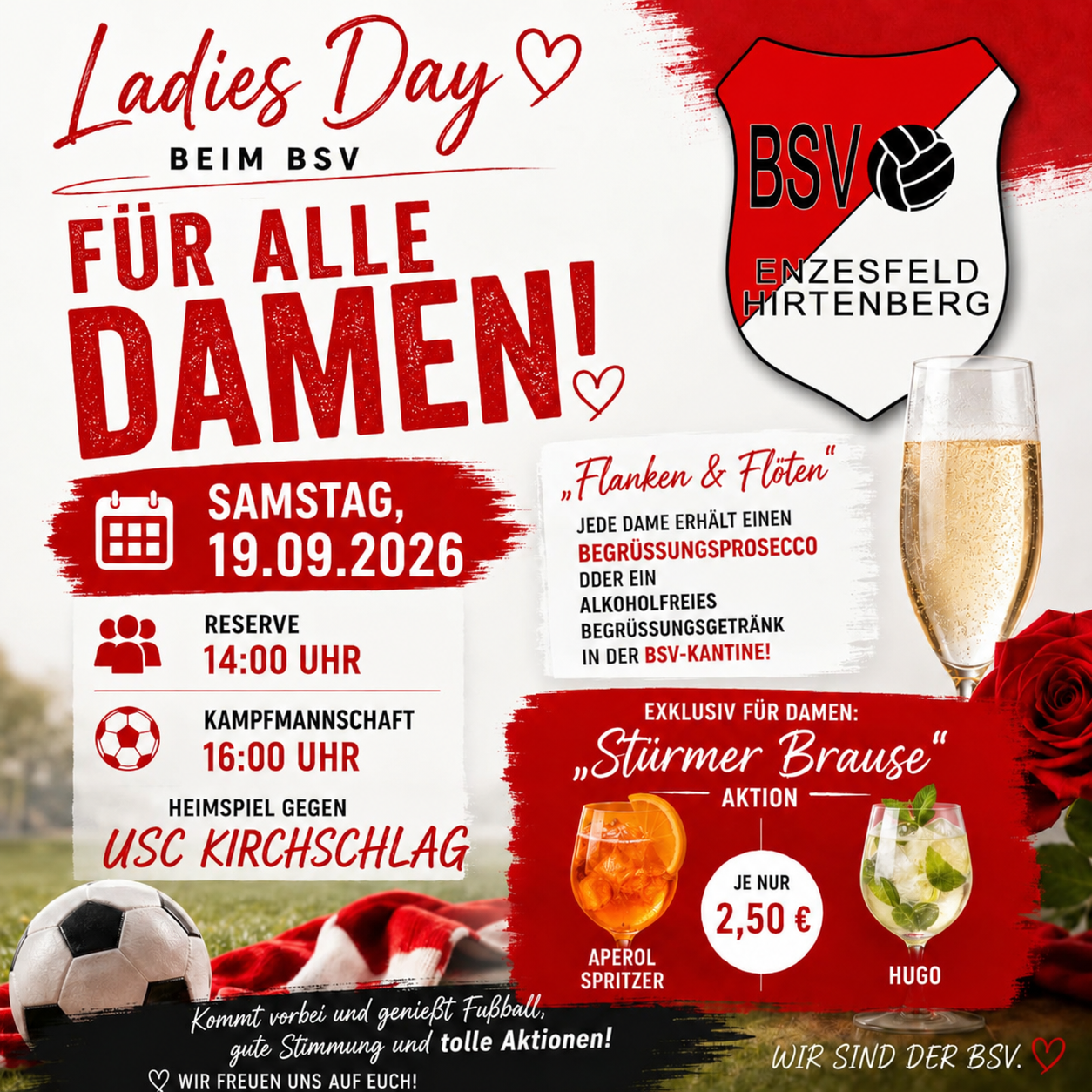 Ladies Day event at BSV Enzesfeld Hirtenberg on Saturday, September 19, 2026. RSVP at 2 PM, match at 4 PM against USC Kirchschlag. Each lady gets a welcome prosecco and exclusive drink offer.
