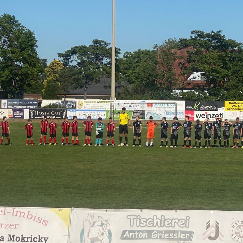 Eine Fußballmannschaft steht in Formation auf einem Feld mit grünem Rasen, in schwarz-roten Trikots. Ein Schiedsrichter in Gelb ist anwesend. Im Hintergrund befinden sich Bäume und Werbetafeln.