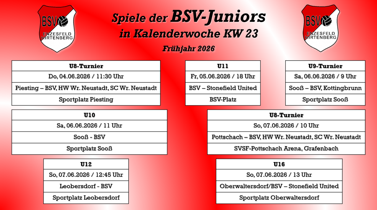 Spielplan der BSV-Junioren in Kalenderwoche 23, Frühjahr 2026. Spiele beinhalten BSV gegen Stonefield United und andere zu verschiedenen Zeiten und Orten.