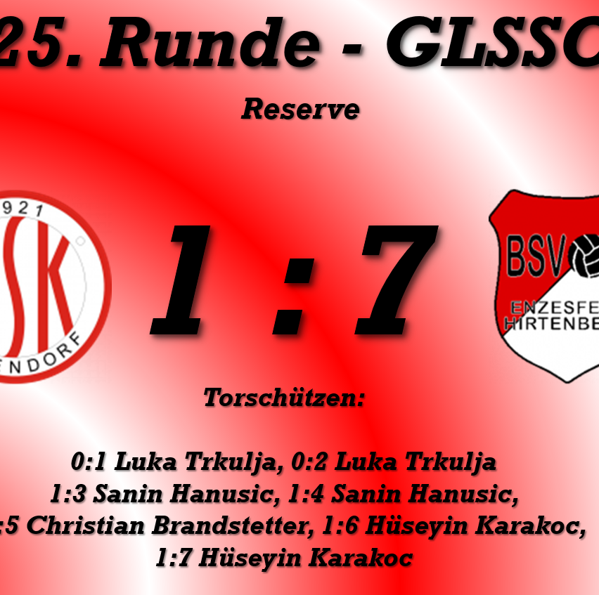 A poster for the 25th round of the GLSSC Reserve match, showing a 1:7 score. It features the logo of BSV Enzesfeld-Hirtenberger and lists the scorers.
