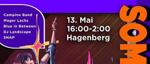 Eine Illustration von zwei jungen Menschen, die Gitarre spielen, einer springt, einer ist in der Luft. Das Bild ist für ein Festival namens Ommerfest, mit dem DJ Landscape Snap und Hagenberg.