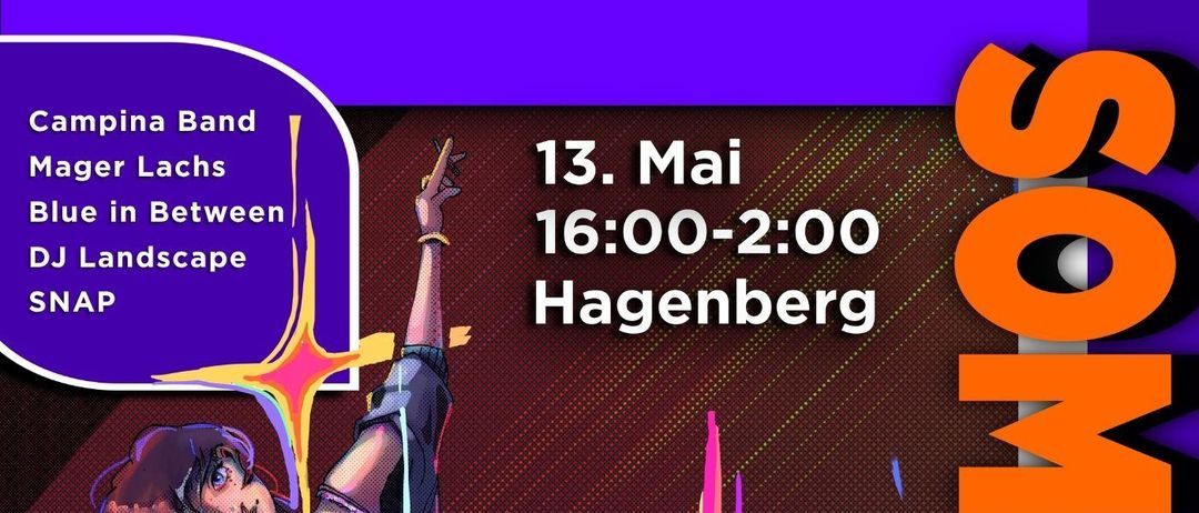 An illustration of two young people playing guitars, one jumping, one in mid-air. The image is for a festival called Ommerfest, with the DJ Landscape Snap and Hagenberg.