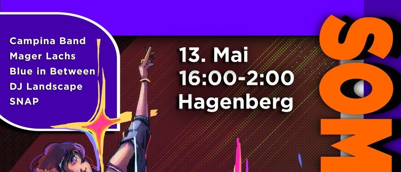 Eine Illustration von zwei jungen Menschen, die Gitarre spielen, einer springt, einer ist in der Luft. Das Bild ist für ein Festival namens Ommerfest, mit dem DJ Landscape Snap und Hagenberg.