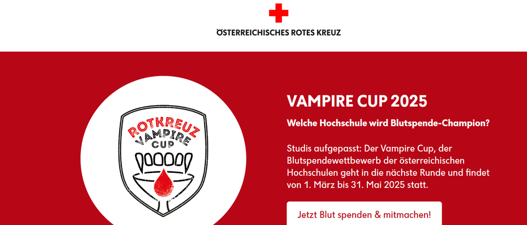 Der Blutspendewettbewerb der österreichischen Hochschulen, der Vampire Cup, findet vom 1. März bis 31. Mai 2024 statt.