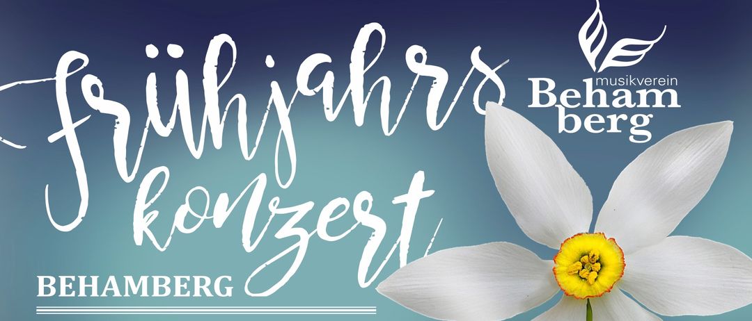 Ein Plakat wirbt mit einer weißen Narzisse auf blauem Hintergrund. Es enthält den Text 'Frühlingskonzert Bamberg', mit dem Datum '3. | 29. März' und der Zeit '16:00 Uhr'. Der Veranstaltungsort ist 'Zweckhalle Behamberg'. Zusätzliche Sponsoren sind am unteren Rand aufgeführt.