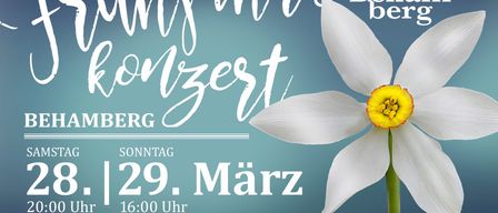 Ein Plakat wirbt mit einer weißen Narzisse auf blauem Hintergrund. Es enthält den Text 'Frühlingskonzert Bamberg', mit dem Datum '3. | 29. März' und der Zeit '16:00 Uhr'. Der Veranstaltungsort ist 'Zweckhalle Behamberg'. Zusätzliche Sponsoren sind am unteren Rand aufgeführt.