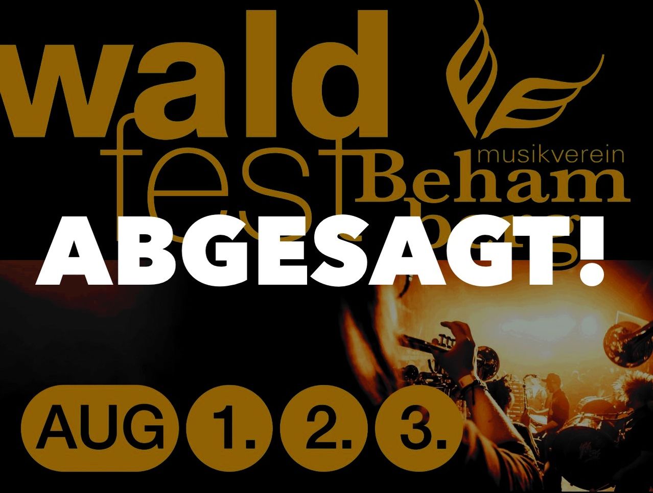 Plakat für Waldfest Behandel AG mit einer Musikband und drei Kreisen mit den Bezeichnungen UG, 1, 2, 3.