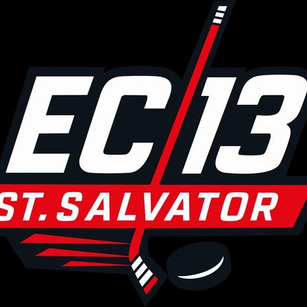 Logo der Eishockeymannschaft EC 13 St. Salvator mit schwarzem Hintergrund, weißem Text, einem Hockeyschläger und einem Puck.