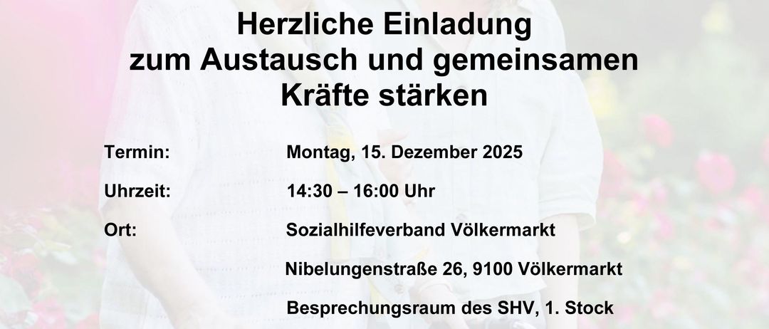Der neue Stammtisch, "PFLEGE-TREFF," lädt alle pflegenden und betreuenden Angehörigen der Stadtgemeinde Völkmarkt herzlich zu einem unverbindlichen Beisammensein bei Kaffee und Kuchen ein. Der monatliche Treffpunkt ist kostenfrei und bietet die Möglichkeit, sich untereinander auszutauschen, vom Alltagsstress abzuschalten und neues Wissen rund um den Pflegealltag zu erwerben.
