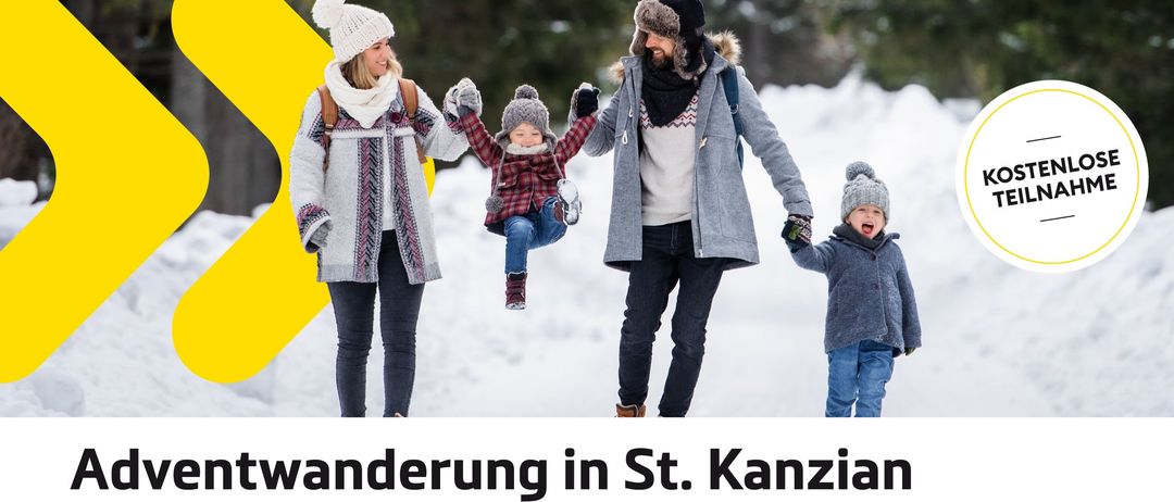 Werbeposter für eine Adventwanderung in St. Kanzian am Klopein-See. Treffpunkt: 16 Uhr am Hotel Silvia, Westuferstraße 26, 9125 St. Kanzian. Dauer: ca. 2 Stunden + Pausen (6 km). Wanderführerin: Maria Pressl. Schwierigkeitsgrad: leicht. Anmeldung bei Maria Pressl, Tel: 0650/3845559.