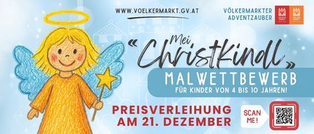 An announcement for a children's competition by the city of Voelkermarkt, with a drawing of a girl holding a wand and star, a date for the prize giving ceremony, and a website address.