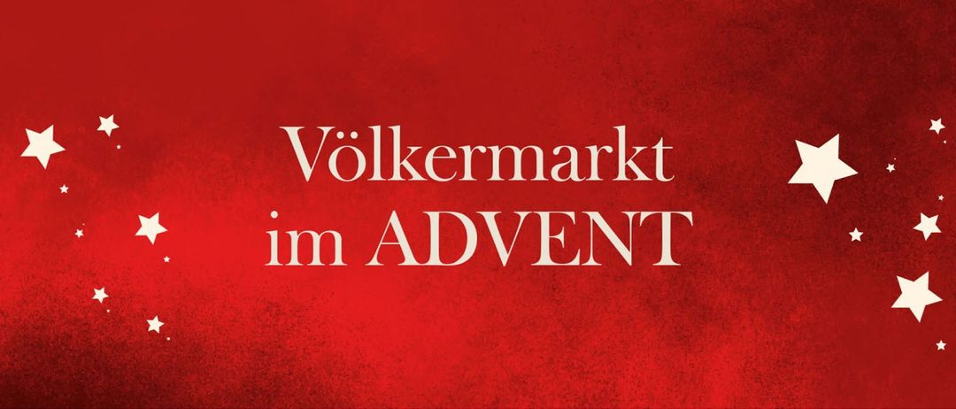 Ein roter Hintergrund mit weißem Text, der 'Völkermarkt im ADVENT' lautet.