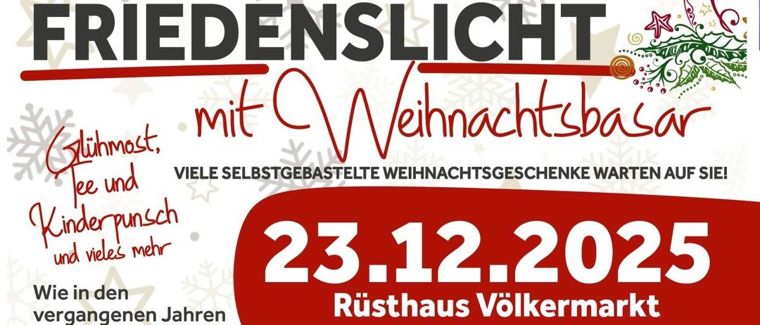Werbeplakat für die Volksmarkt-Veranstaltung mit einer Laterne, in der eine Kerze und ein Herz brennen, vor einem verschneiten Hintergrund. Die Veranstaltung findet am 23. Dezember 2025 statt.