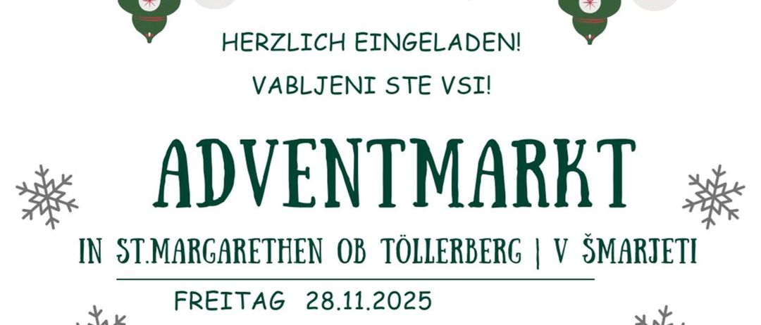 Eine Anzeige für den Adventmarkt in St. Margarethen ob Tollernberg am Freitag, 28. November 2025, um 15 Uhr im Schulhaus. Es gibt einen großen Adventsbasar, und um 16 Uhr kommt der Nikolaus. Die Elternvereinigung sorgt für Essen und Getränke.