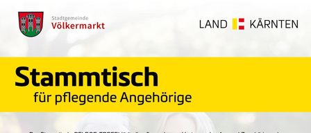 Ein Plakat für Stammtisch für pflegende Angehörige. Der Stammtisch lädt alle pflegenden und betreuenden Angehörigen der Stadtgemeinde Völkermarkt herzlich zum unverbindlichen Beisammensein bei Kaffee und Kuchen ein. Es ist kostenlos und bietet die Möglichkeit, sich auszutauschen, vom Alltag zu entspannen und neues Wissen rund um den Pflegealltag zu erwerben. Kontaktieren Sie Petra Stökl für weitere Informationen.